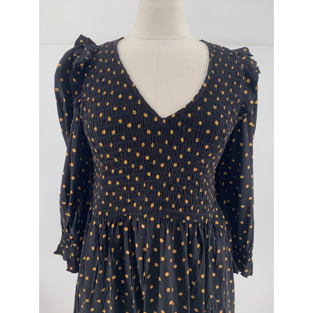 Madewell Lucie V-Neck Smocked Mini Dress in Oval Dot Orange Black S - Picture 7 of 14